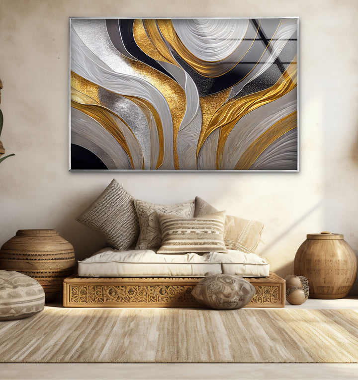 Silver Gold Wave Wall Art – Luxury Abstract Fluid Glass Print Décor