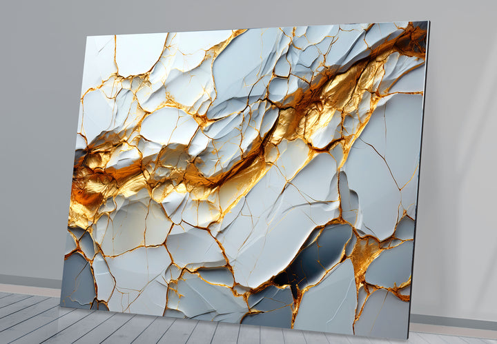 Golden Vein Marble Glass Wall Art – Luxury Abstract Stone Design for Modern Interiors