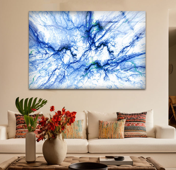Electric Blue Vein Wall Art – Abstract Lightning-Inspired Glass Print