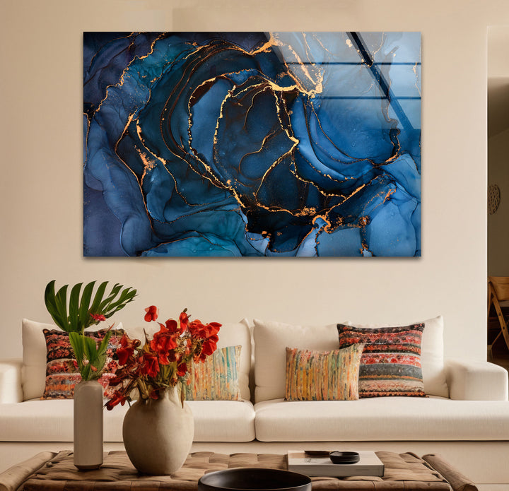 Midnight Blue Gold Abstract Wall Art – Luxury Fluid Ink Glass Print