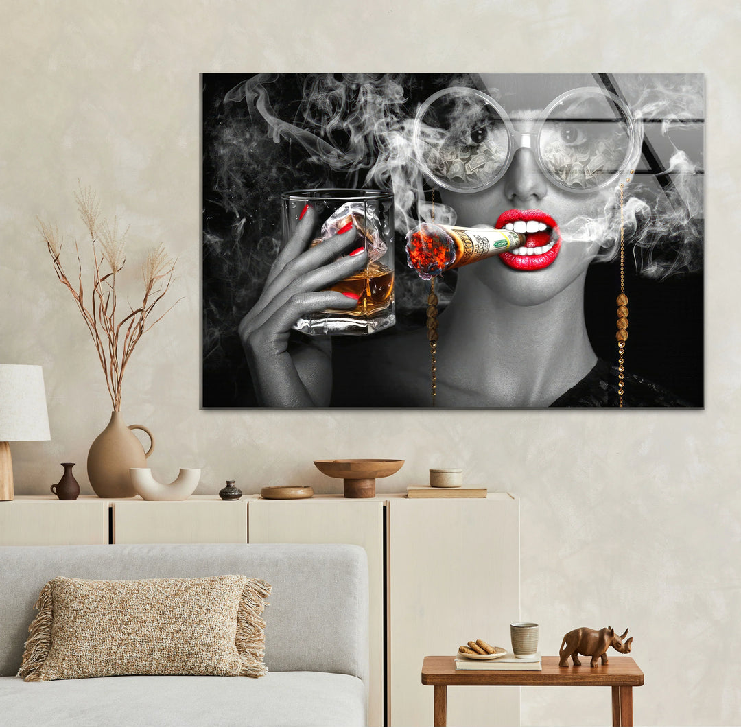 Luxury Diva Wall Art with Whiskey and Dollar Cigar – Bold Glam Glass Print - MyPhotoStation