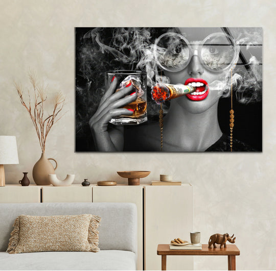 Bold geometric circles of oversized sunglasses reflect money in this striking wall print of a woman smoking a dollar cigar.