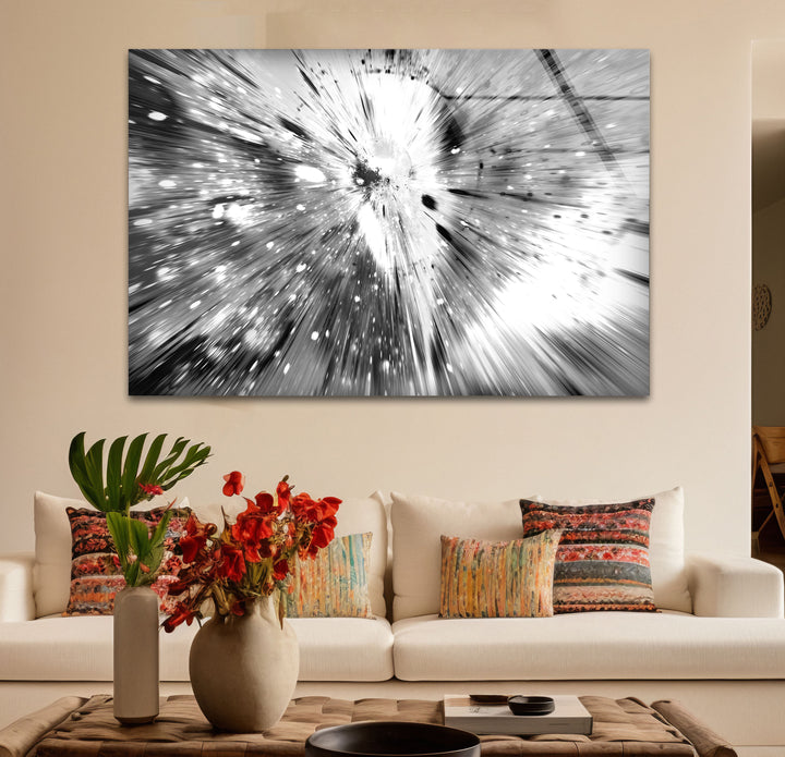 Monochrome Explosion Wall Art – Abstract Black and White Glass Print