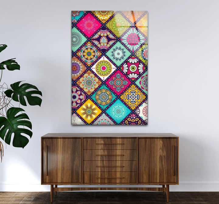 Bohemian Mandala Glass Wall Art – Colorful Mosaic Pattern for Eclectic Interiors - MyPhotoStation
