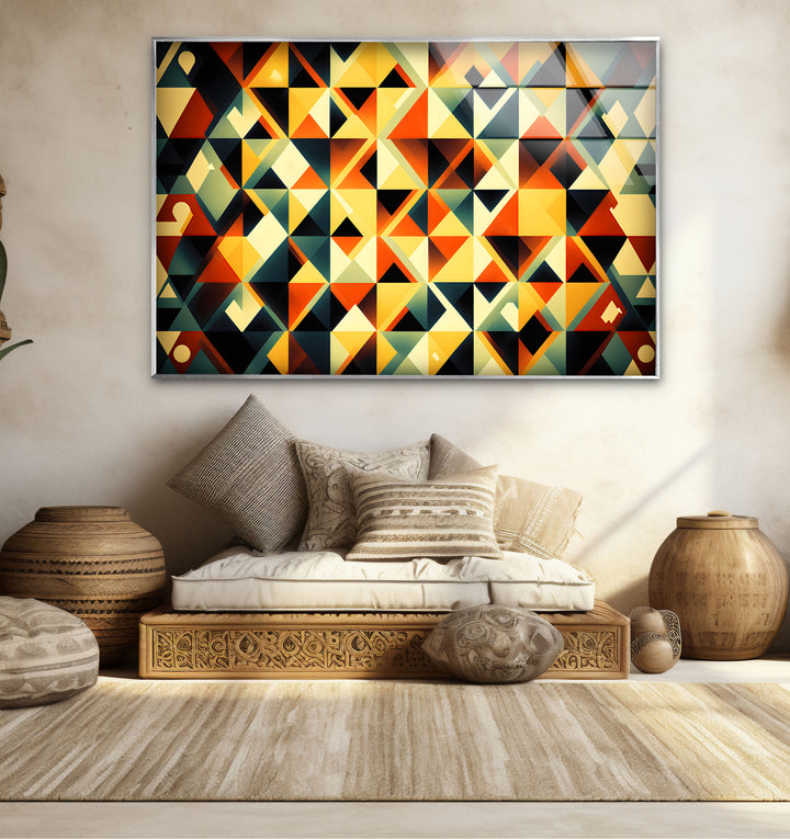 Geometrische Wandkunst aus Bernsteinglas – Auffälliges Retro-Dreiecksmuster-Dekor 