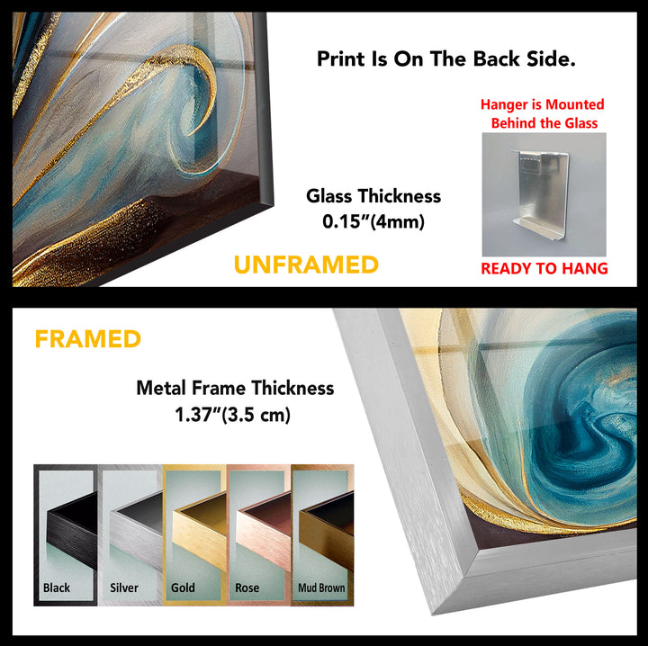Teal Gold Swirl Wall Art – Elegant Abstract Glass Print for Modern Interiors