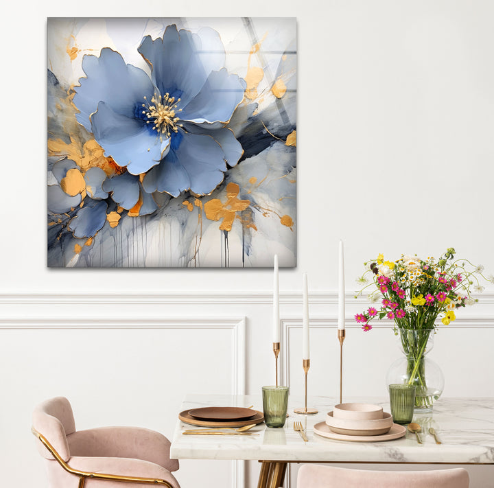 Blue Gold Blossom Wall Art – Elegant Floral Glass Print for Home Décor