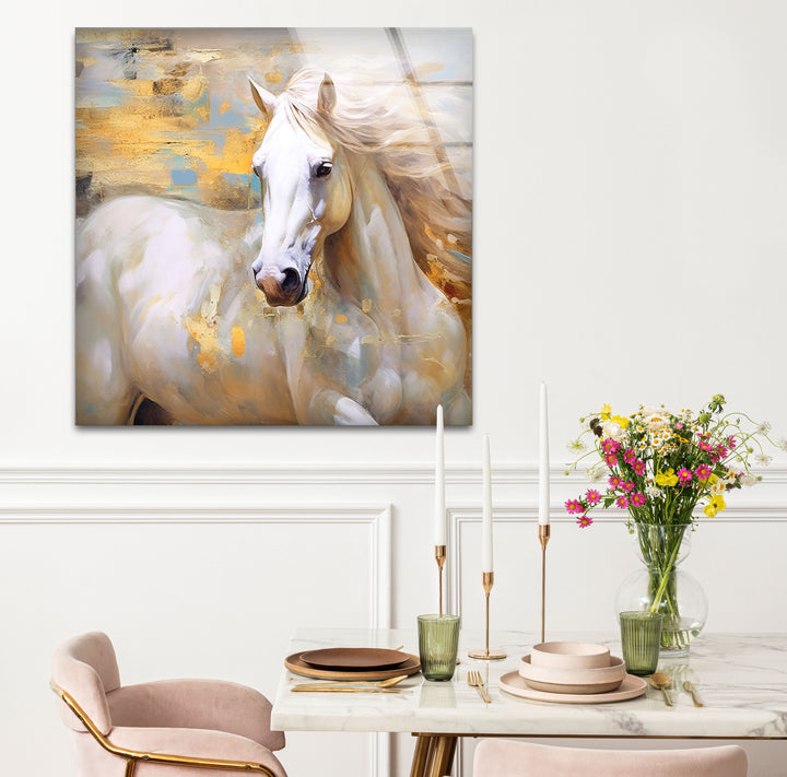 Majestic White Horse Wall Art – Abstract Glass Print for Modern Interiors