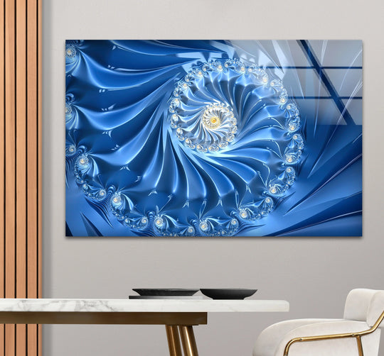 Hypnotic blue spiral abstract glass art with a subtle light grey textured wall background.