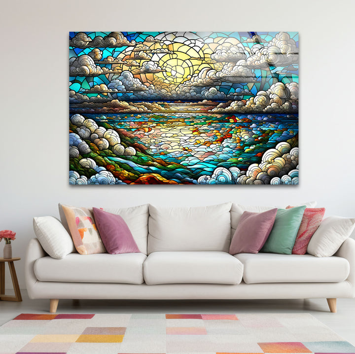 Serene Ocean Sunset Stained Glass Wall Art – Coastal Landscape Window Design