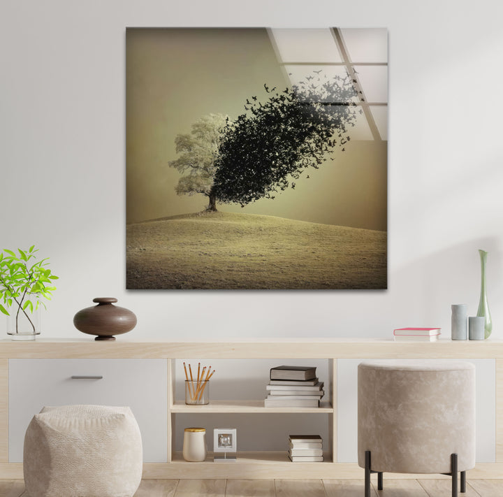 Surreal Tree Turning into Birds Wall Art – Minimalist Nature Glass Print