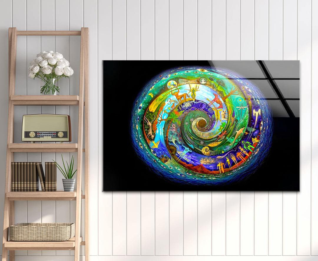Cosmic Spiral Wall Art – Vibrant Spiritual Glass Print with Universe Symbols for Meditation & Modern Interiors