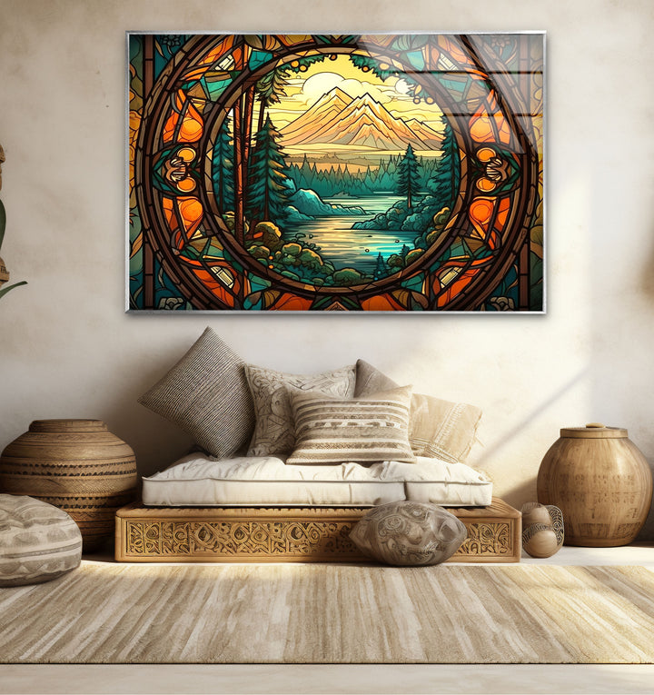Stained Glass Mountain Landscape – Scenic Forest & River Window Panel