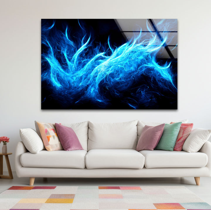 Blue Flame Abstract Glass Wall Art – Fiery Energy & Modern Decor