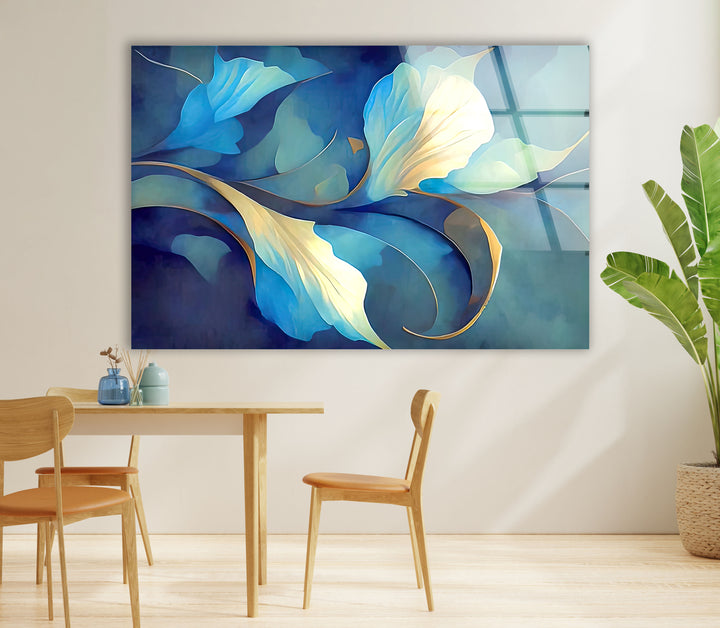 Blue Bloom Wandkunst – Eleganter floraler Glasdruck für Wohnräume 