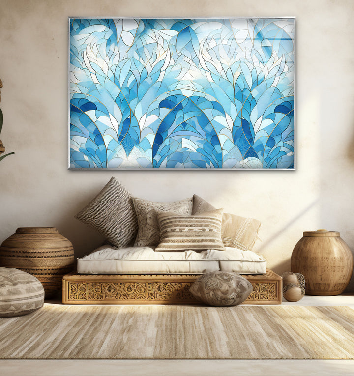 Ocean Leaf Stained Glass Wall Art – Blue Botanical Window Panel, Calming Nature Decor