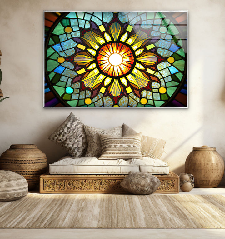 Strahlende Buntglas-Wandkunst mit Sonnenstrahlen – Buntes Mandala-Fensterpaneel 