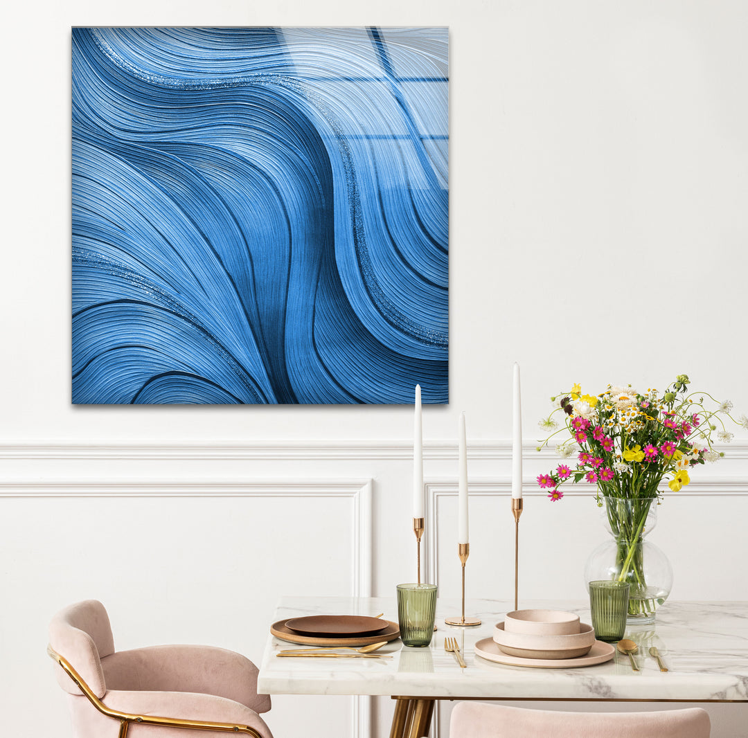 Blue Flow Line Wall Art – Modern Minimalist Wave Glass Print