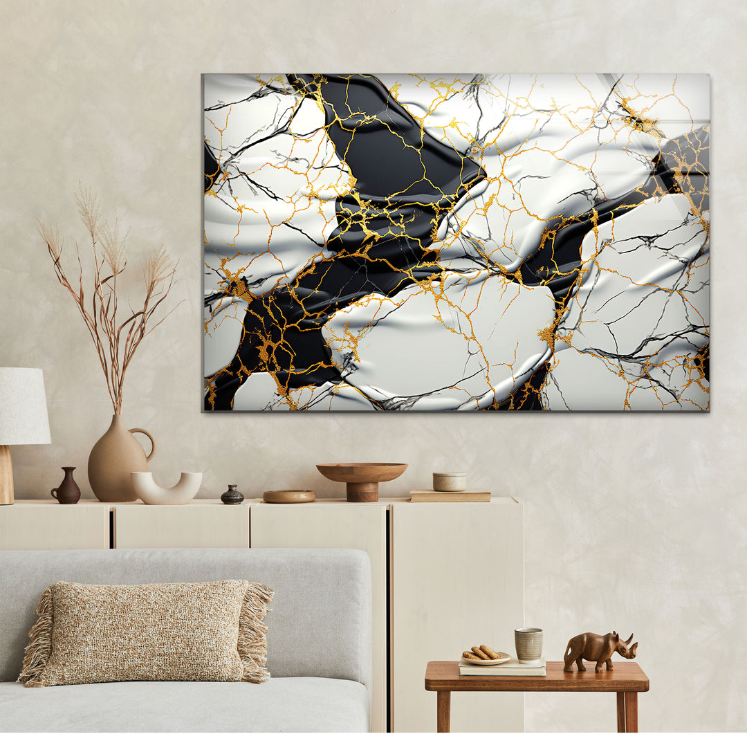 Luxury Marble Abstract Wall Art – Black, White & Gold Glass Panel Print