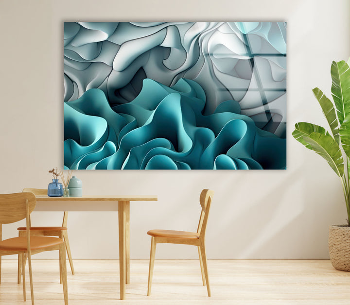 Aqua Dreamscape Wandkunst – Blaugrüner und grauer abstrakter Glasdruck 
