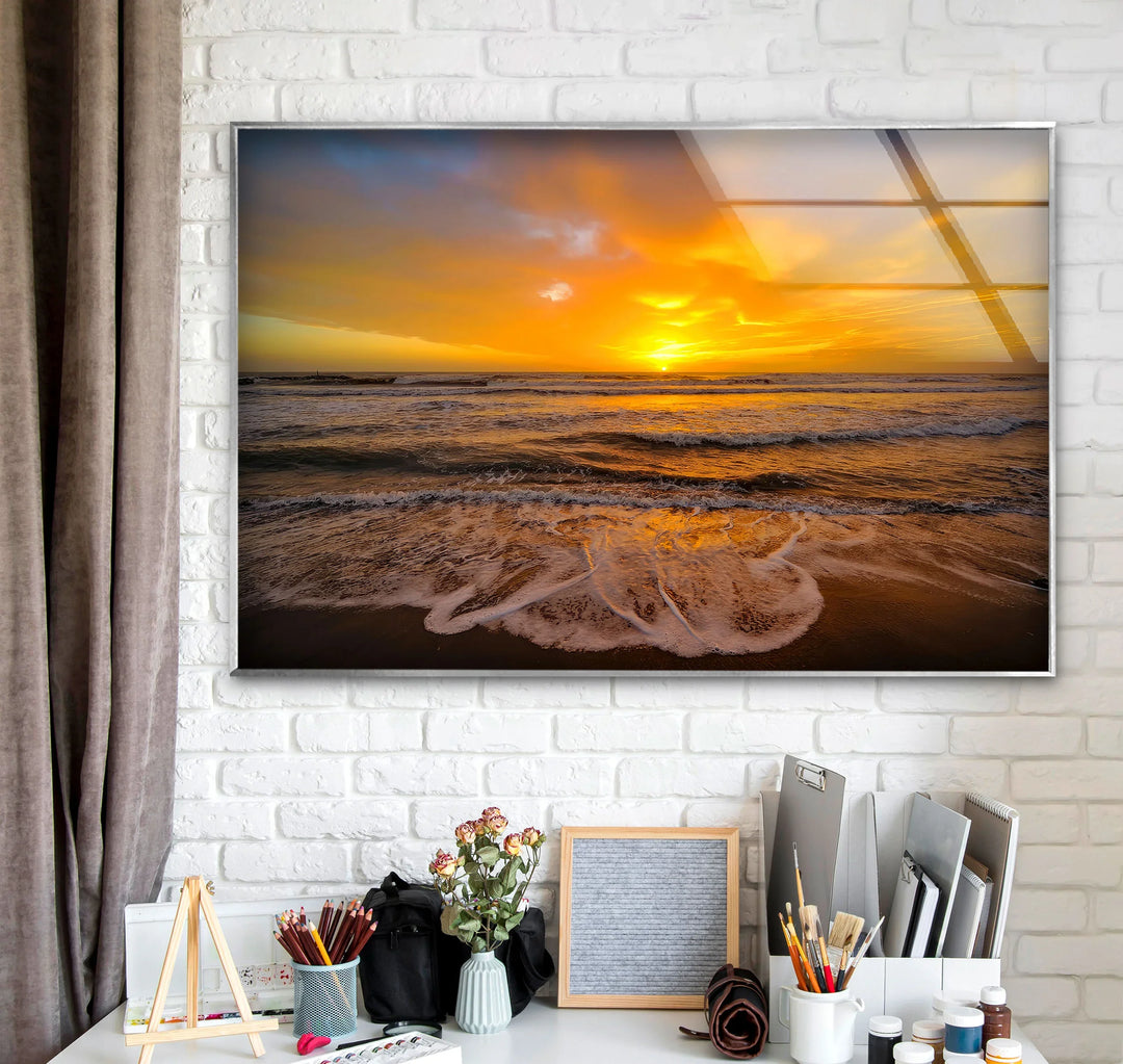 Golden Sunset Over Ocean Waves – Seashore Wall Art on Tempered Glass - MyPhotoStation