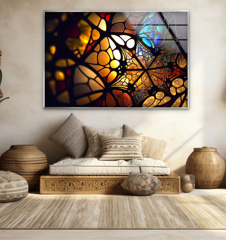 Goldene Buntglas-Wandkunst – Beleuchtete Mosaik-Lichtreflexionen