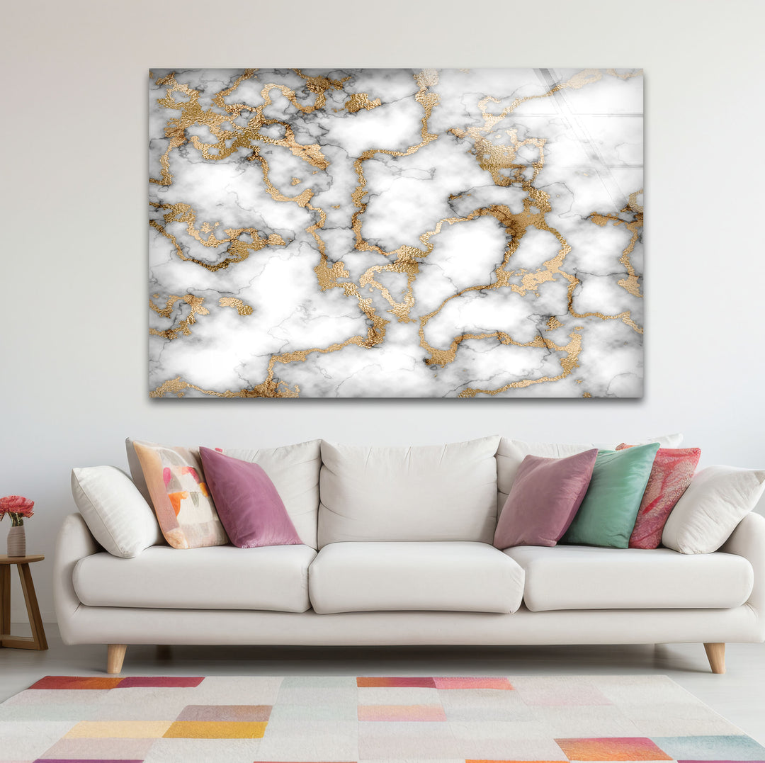 White Marble and Gold Wall Art – Elegant Abstract Glass Print with Luxe Metallic Veining for Glamorous and Modern Interiors