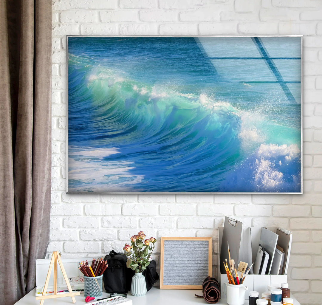 Crystal Blue Ocean Wave Wall Art – Tempered Glass Surf Seascape Print - MyPhotoStation