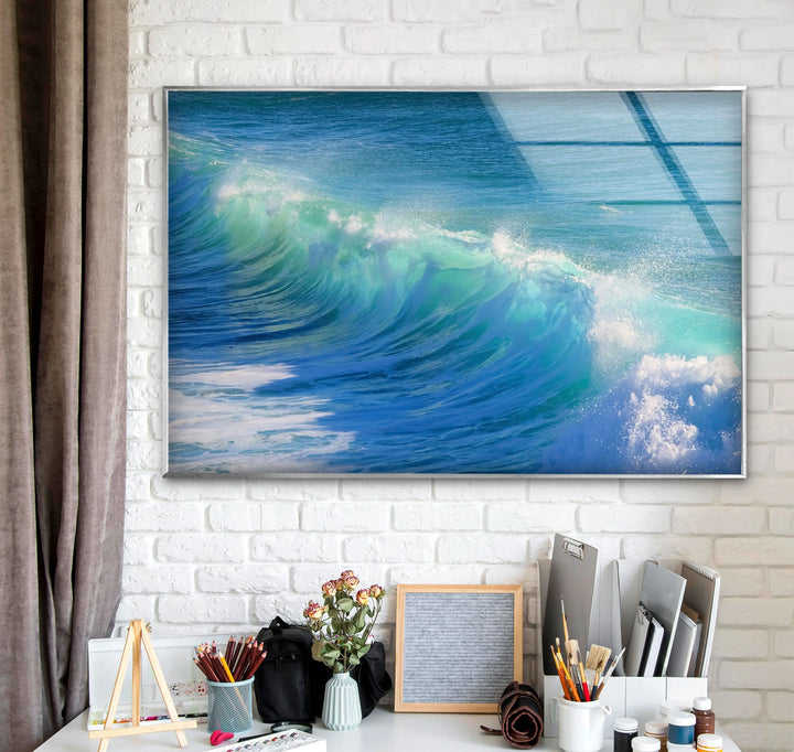 Crystal Blue Ocean Wave Wall Art – Tempered Glass Surf Seascape Print - MyPhotoStation