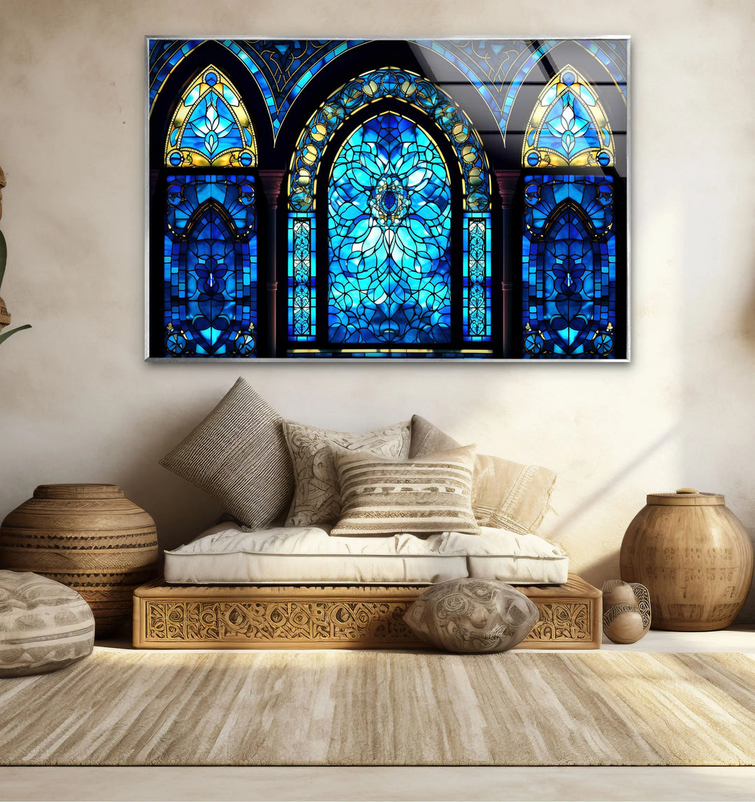 Gothic Blue Stained Glass Wall Art – Elegant Arched Window Design, Vintage Cathedral-Inspired Home Decor - MyPhotoStation