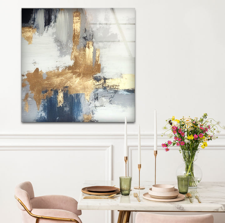 Navy Gold Brushstroke Wall Art – Modern Abstract Glass Print Décor