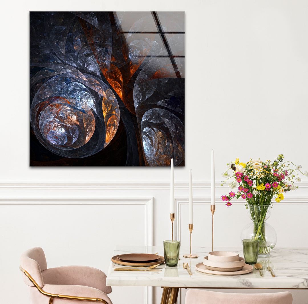 Cosmic Fractal Swirl Wall Art – Dark Abstract Universe Glass Print