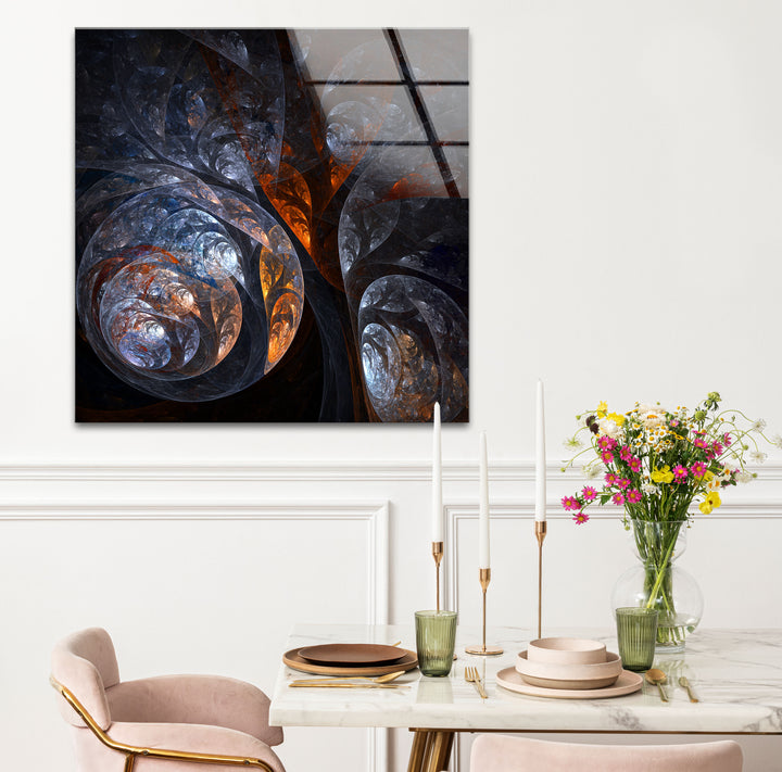 Cosmic Fractal Swirl Wall Art – Dark Abstract Universe Glass Print