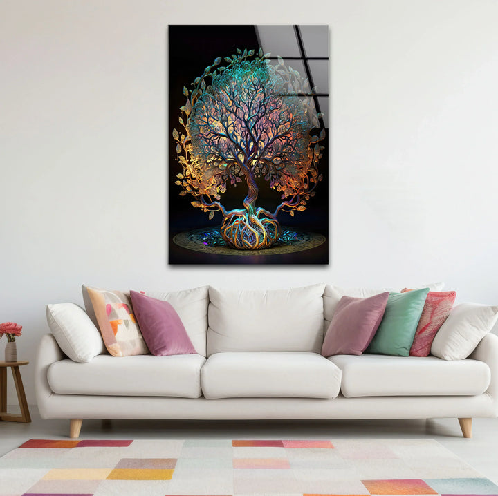 Mystical Tree of Life Wall Art – Colorful Spiritual Glass Print for Sacred and Boho Interiors - MyPhotoStation