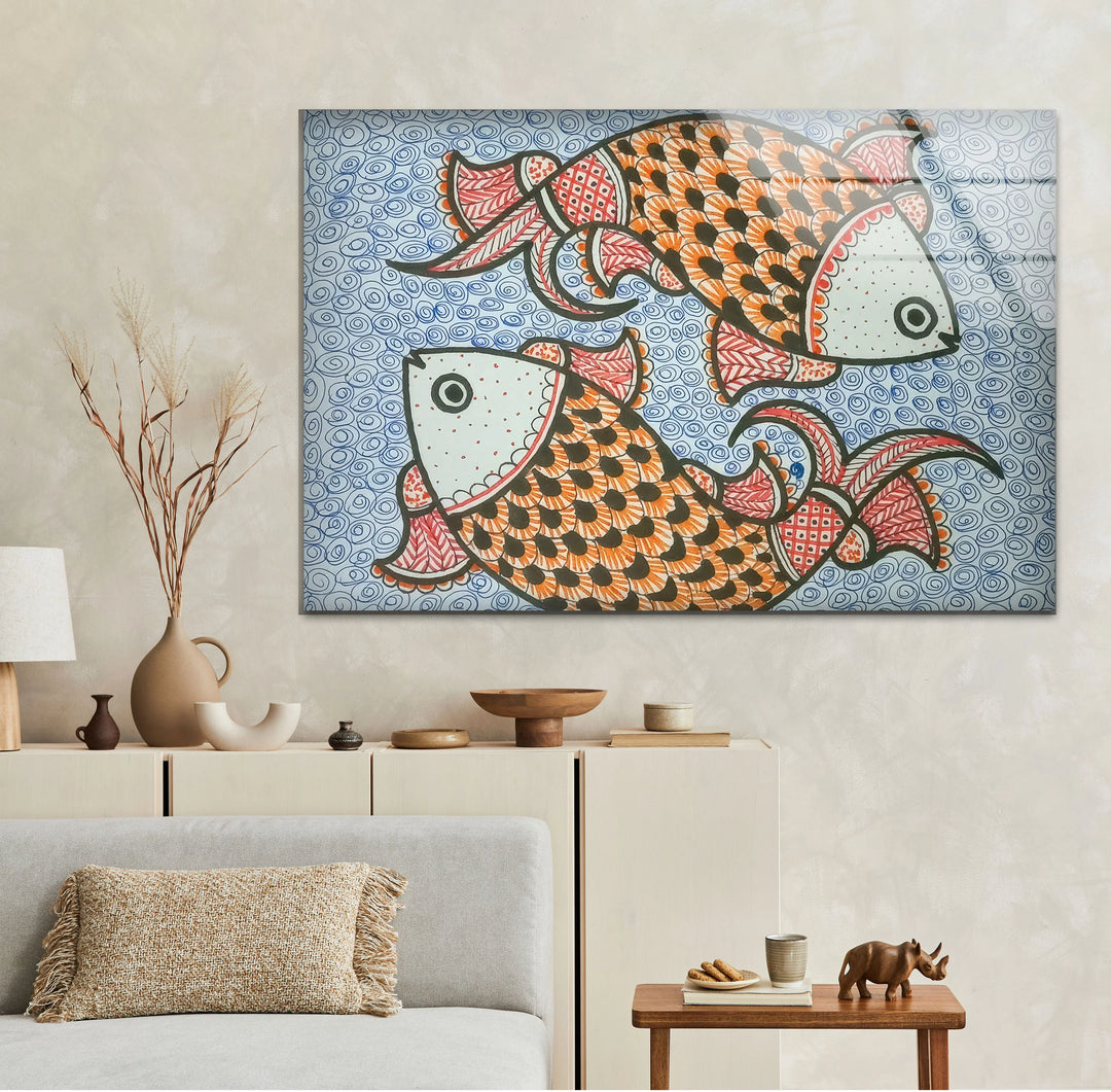 Traditional Folk Art Fish Wall Decor – Vibrant Indian Style Glass Print - MyPhotoStation