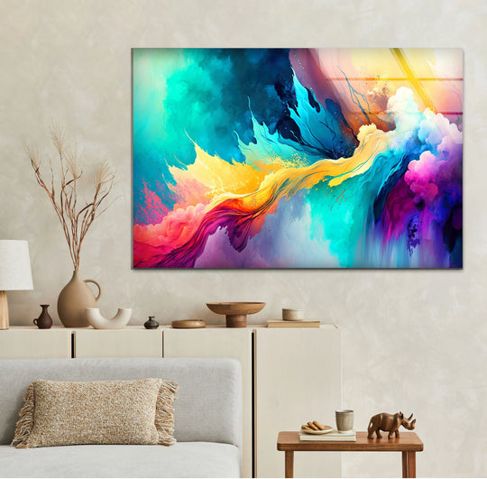 Explosive color abstract print wall art bursts with turquoise and yellow energy, creating a vibrant visual rhythm across the canvas.