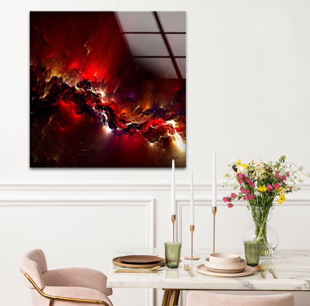Crimson Nebula Wall Art – Fiery Red Abstract Galaxy Glass Print