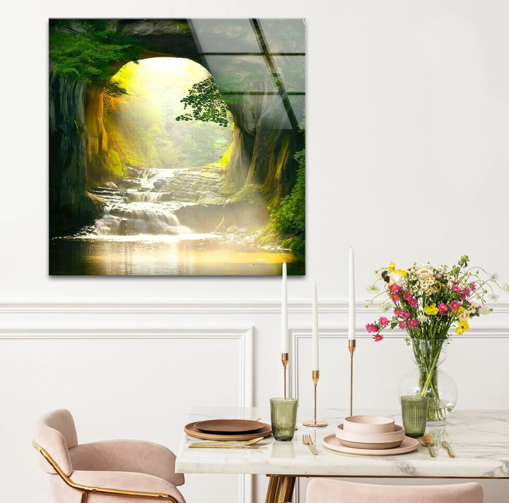Sunlit Forest Cave Waterfall Glass Wall Art – Serene Nature Landscape Print - MyPhotoStation