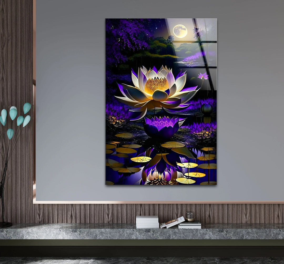 Moonlit Purple Lotus Glass Wall Art – Mystical Night Bloom Floral Print - MyPhotoStation
