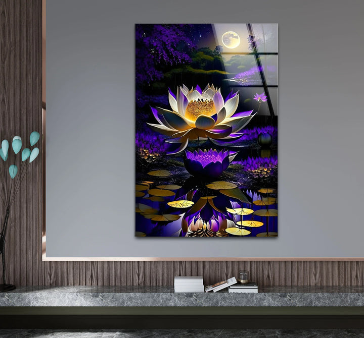 Moonlit Purple Lotus Glass Wall Art – Mystical Night Bloom Floral Print - MyPhotoStation