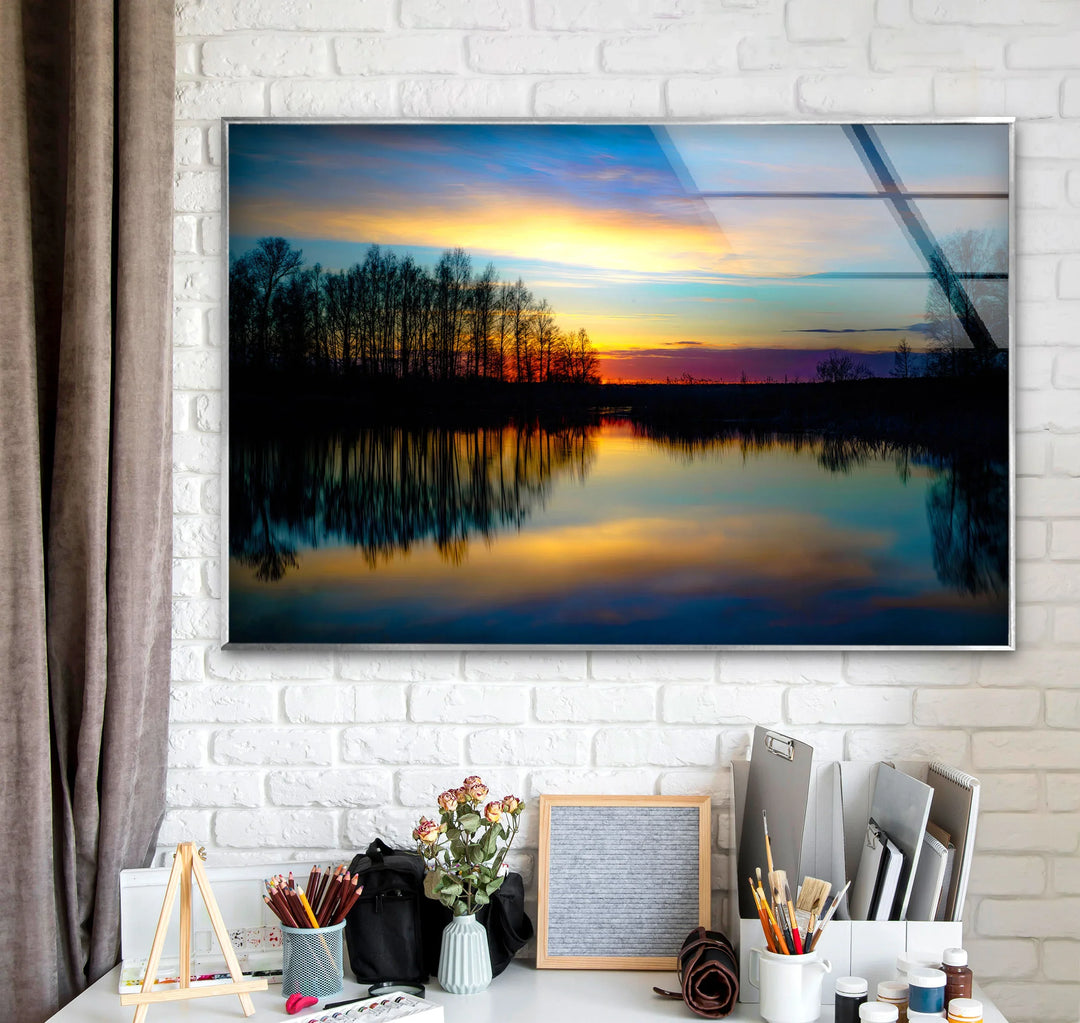 Sunset Reflection Wall Art – Tranquil Forest & Lake Glass Print for Serene Decor - MyPhotoStation