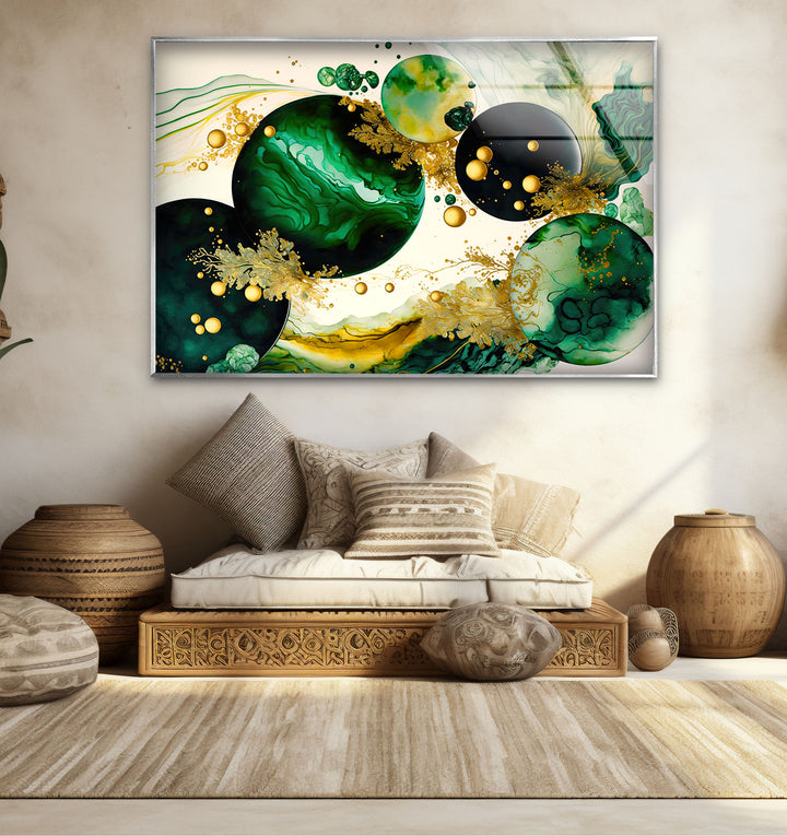 Emerald & Gold Abstract Glass Wall Art – Modern Luxury Home Decor