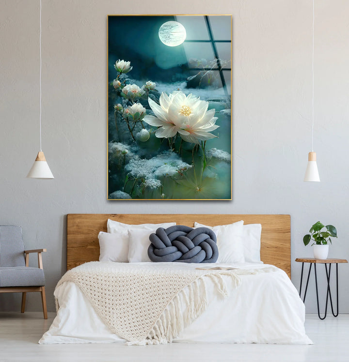 Moonlit White Lotus Glass Wall Art – Tranquil Floral Design with Ethereal Night Glow - MyPhotoStation