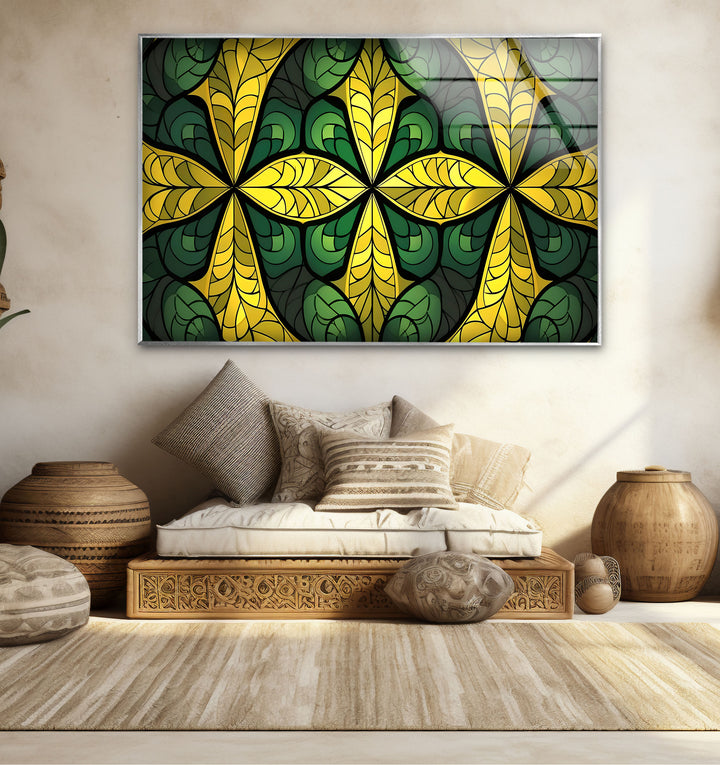 Green & Gold Stained Glass Wall Art – Botanical Geometric Glass Design