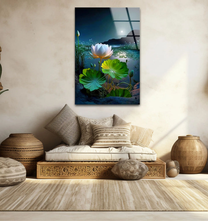 Moonlit Lotus Flower Glass Wall Art – Serene Night Lake Scene for Tranquil Home Decor - MyPhotoStation