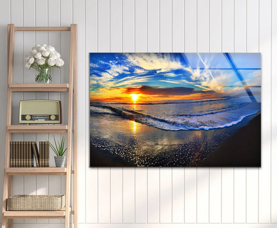Witness the mesmerizing transition between golden sun and azure sky in this Golden Horizon glass wall art, a piece of unique modern wall decor, showcasing the ocean's radiant sunset.