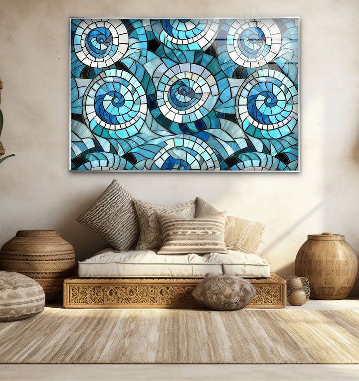 Nautical Spiral Stained Glass Wall Art – Blue Ocean Wave Design
