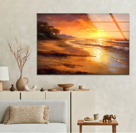 Highlighting the layering effect, this golden beach sunset wall art features a tranquil ocean shoreline print on glass, providing an artistic home decoration.
