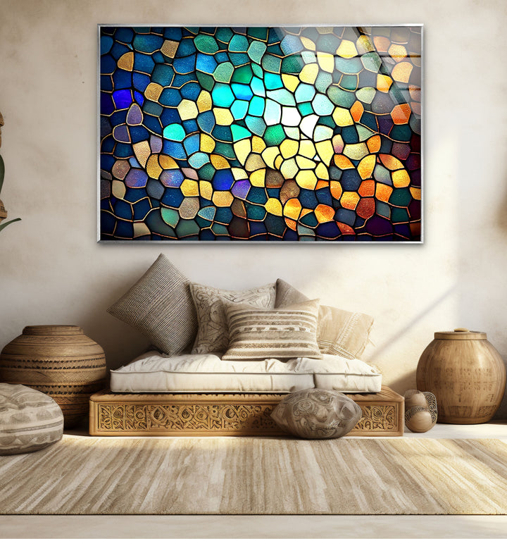 Moderne Wanddekoration aus Buntglas – Abstraktes Mosaikmuster in Blau und Gold