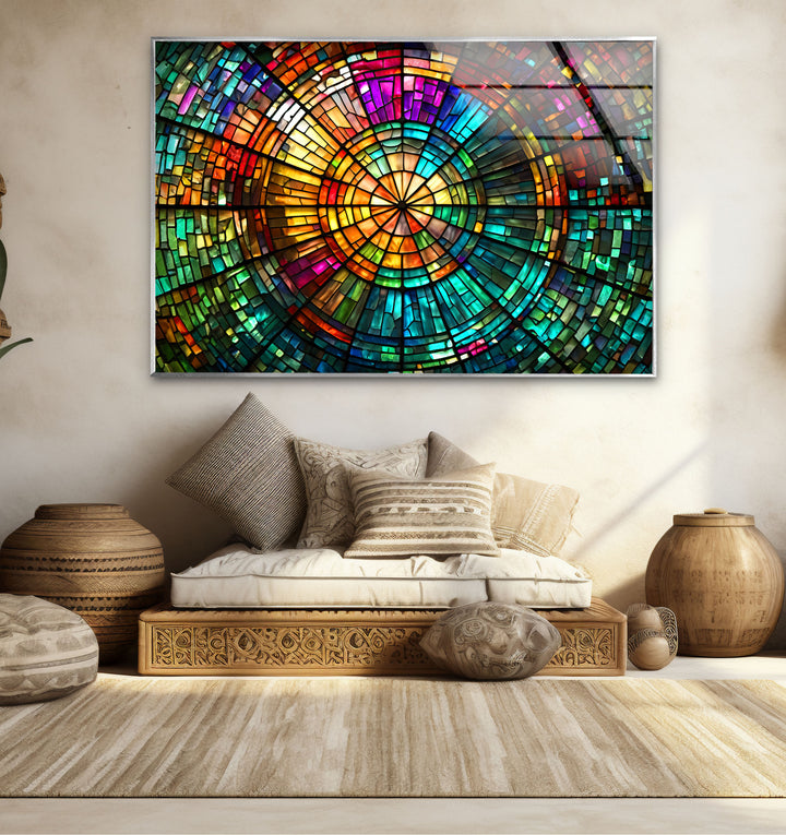 Strahlende Mosaik-Wandkunst aus Buntglas – Farbenfrohes, kreisförmiges Fensterdesign 